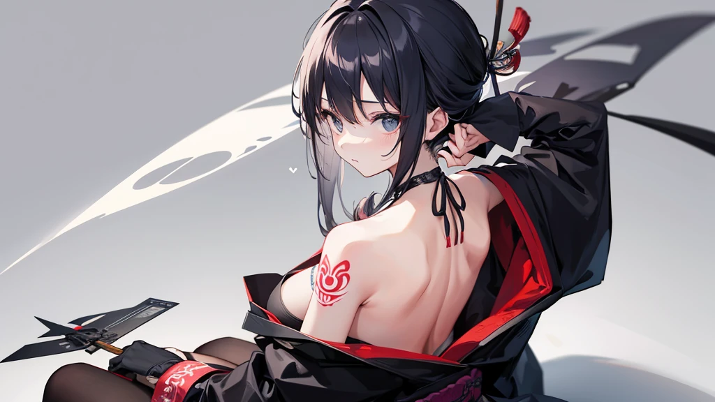 Woman sitting with her back turned,Large Japanese style tattoo on the back,Fluttering back,Take off your clothes,force,cool,Gray background
