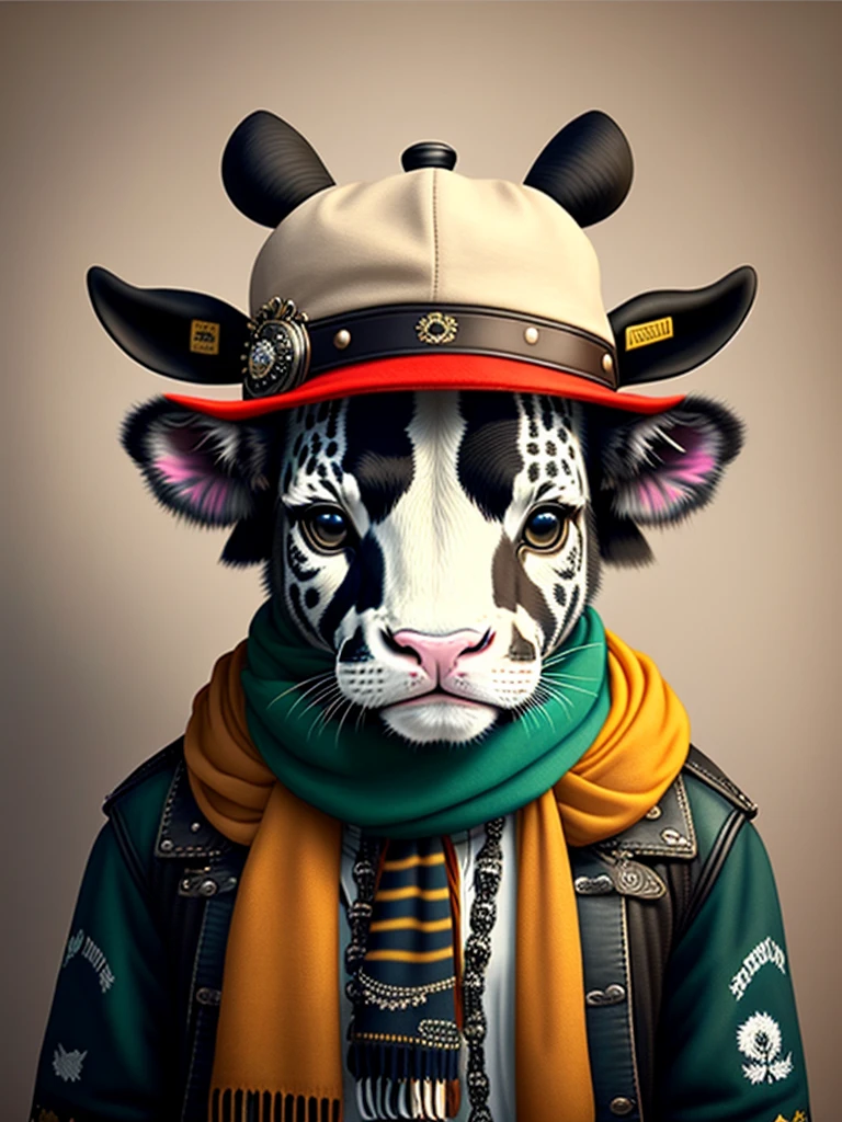 Image of a cow in a hat and scarf, trends in the art station, dressed in punk clothing,"JAGAL MUDA" Ultra-realistic detail rendering, British gang member, Urban style, intimidating pose, Cattle Planet, Fashion clothes, Urban Samurai, meow, West Slavic traits, 8 1 5