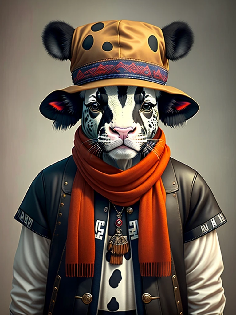 Image of a cow in a hat and scarf, trends in the art station, dressed in punk clothing,"JAGAL MUDA" Ultra-realistic detail rendering, British gang member, Urban style, intimidating pose, Cattle Planet, Fashion clothes, Urban Samurai, meow, West Slavic traits, 8 1 5