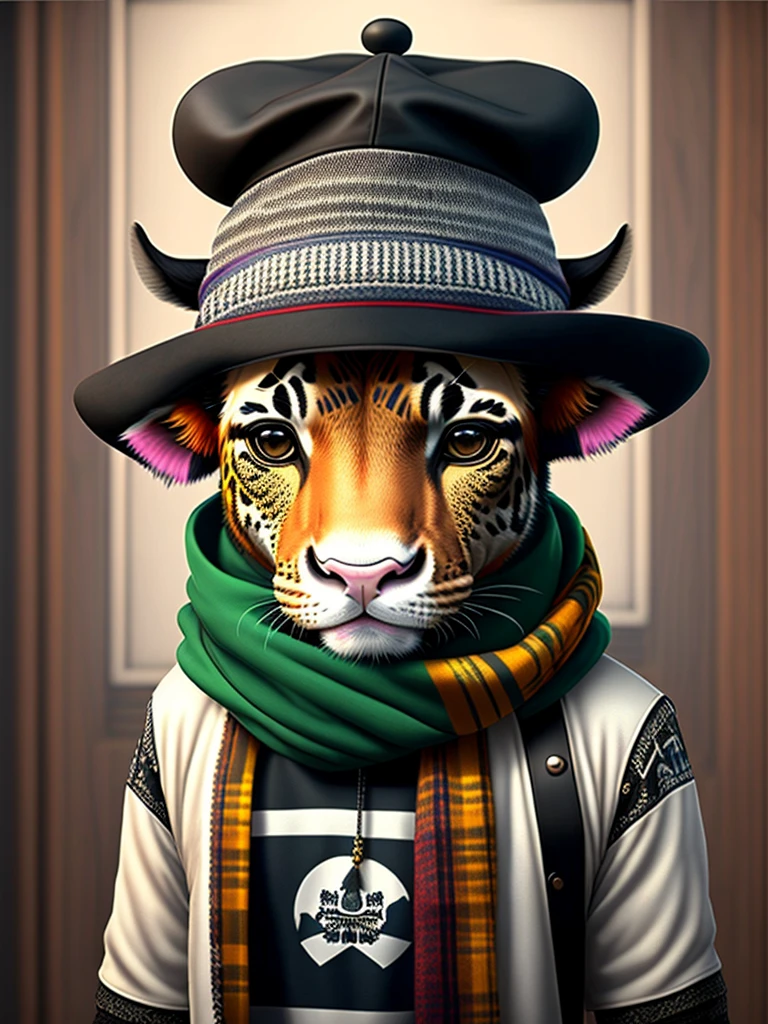 Image of a cow in a hat and scarf, trends in the art station, dressed in punk clothing,"JAGAL MUDA" Ultra-realistic detail rendering, British gang member, Urban style, intimidating pose, Cattle Planet, Fashion clothes, Urban Samurai, meow, West Slavic traits, 8 1 5