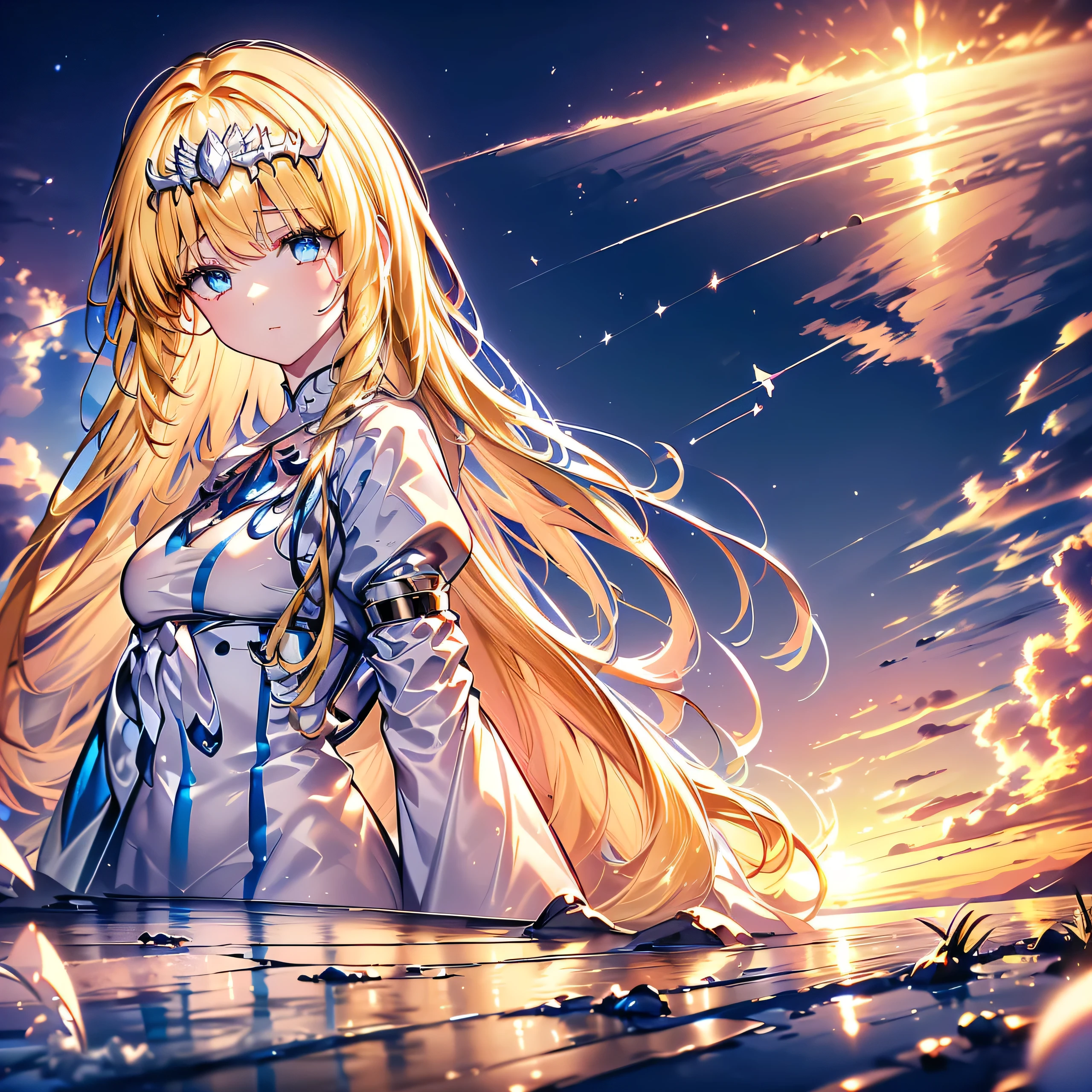 , Illustration of one person, , (8k, highest quality, masterpiece:1.2), (Eye details\), (Garment Details), (whole body:1.3), Highly detailed CG Unity 8k wallpaper,Large file size,Very detailed,High resolution,Absurd,Beautiful Eyes,Ray Tracing,Dramatic Shadows,The finer details,Elevation,Hyper Detail,(1:1.3),(alone),25 years old, delicate and beautiful moon,Walking in front of the sunset sky,Multiple diffuse reflections,1girl, solo, Calca, Calca Bessarez, blonde hair, (extremely long hair:1.4), very long hair, white tiara, white dress, blue eyes, medium chest