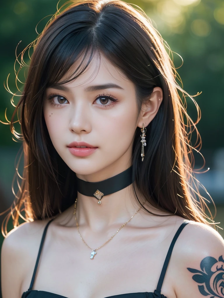 (best quality,4k,8k,highres,masterpiece:1.2), ultra-detailed, (realistic,photorealistic,photo-realistic:1.37),(beautiful detailed eyes, beautiful detailed lips, extremely detailed eyes and face, long eyelashes),studio lighting,physically-based rendering,vivid colors,(big tits, super big tits, super extra big tits),(ponytail hairstyle),(natural smile expression),(earrings, choker, maid's clothing),(soft lighting),(romantic atmosphere),(full frame portrait composition),