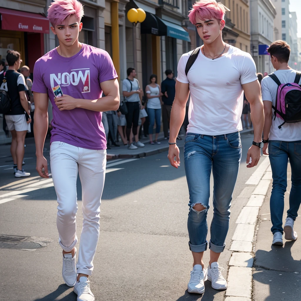 (Masterpiece)), ((Best quality)), high resolution, 8K, (ultra realistic), (photo realistic), (Instagram template, elegant) 20-year-old boy, cute boy, pretty face, alone boy, a boy, pink hair, short hair, dressed in a purple t-shirt and a white jean jacket, blue jean pants, white tennis shoes, has on in his hand a colorful flag, lgbt flag, pride flag, the boy walks alone down the street and in the background there are people celebrating pride