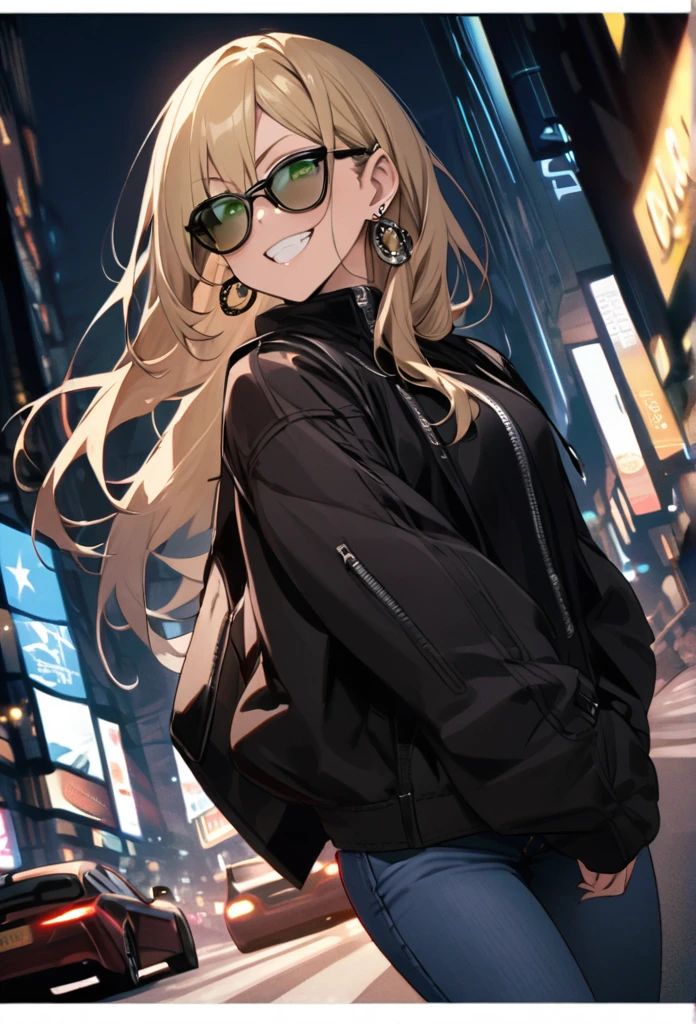 Night City、One female、Blonde、Long Hair、Earrings、Black jacket、Grin、Green Eyes、sunglasses、Cap、jeans、