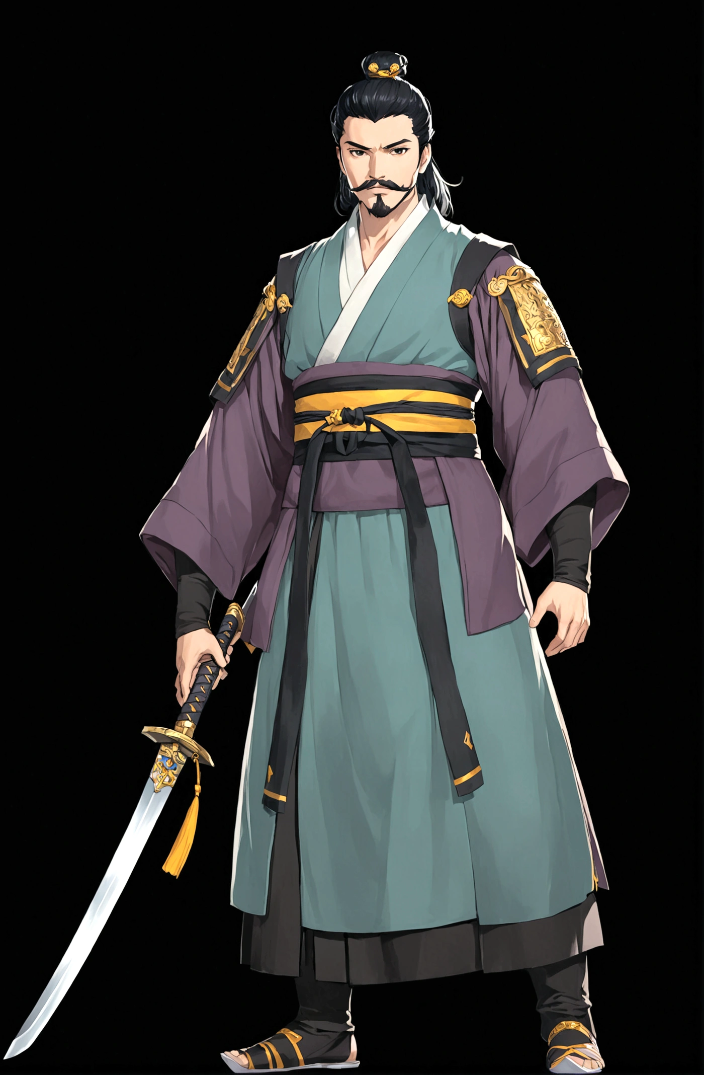 solo, looking at viewer, simple background, black hair, long hair,1boy, holding, standing, full body, weapon, male focus, hanfu, sword, holding weapon, black eyes, sash, facial hair, holding sword, black background, beard, mustache