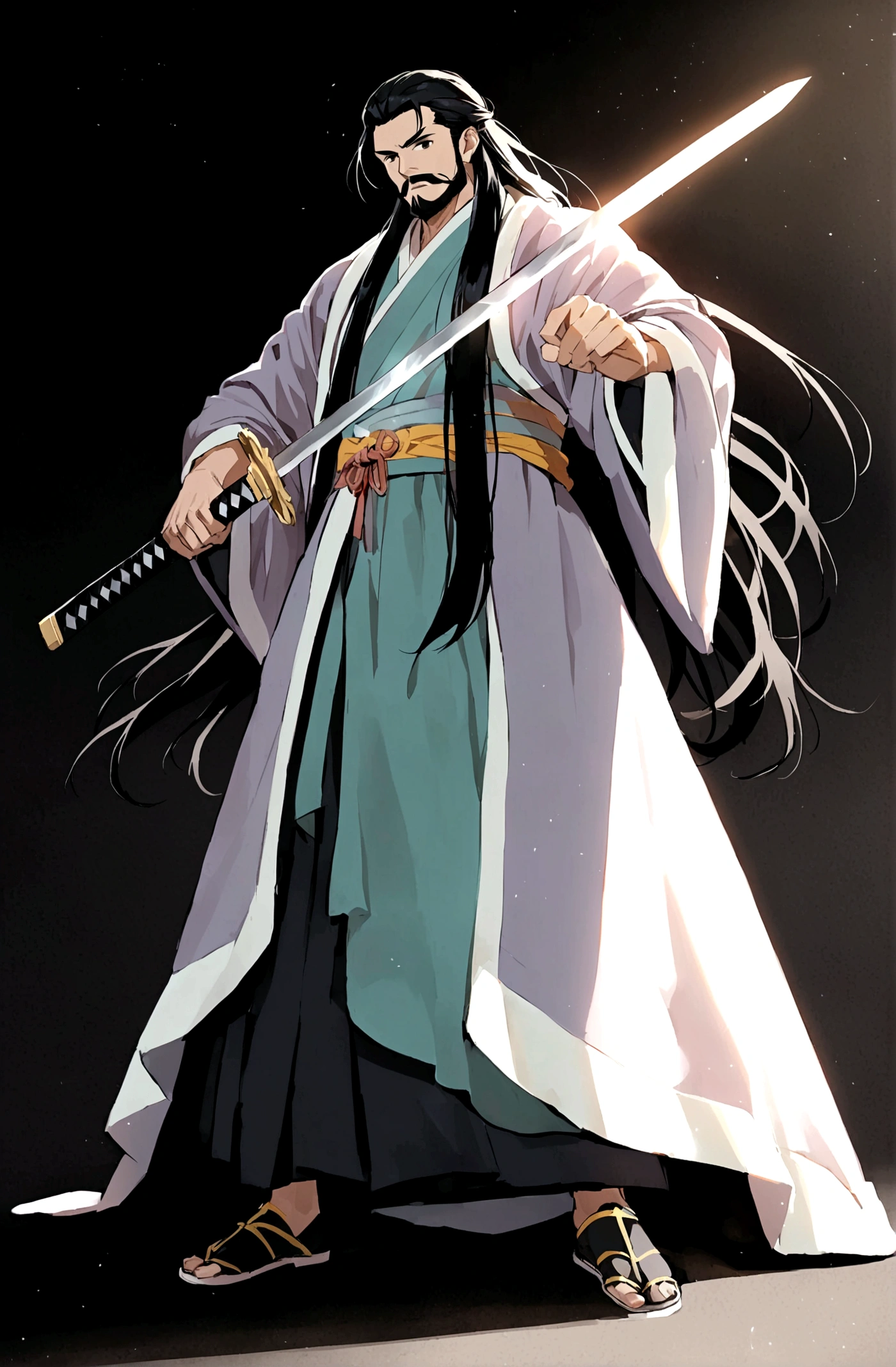 solo, looking at viewer, simple background, black hair, long hair,1boy, holding, standing, full body, weapon, male focus, hanfu, sword, holding weapon, black eyes, sash, facial hair, holding sword, black background, beard, mustache