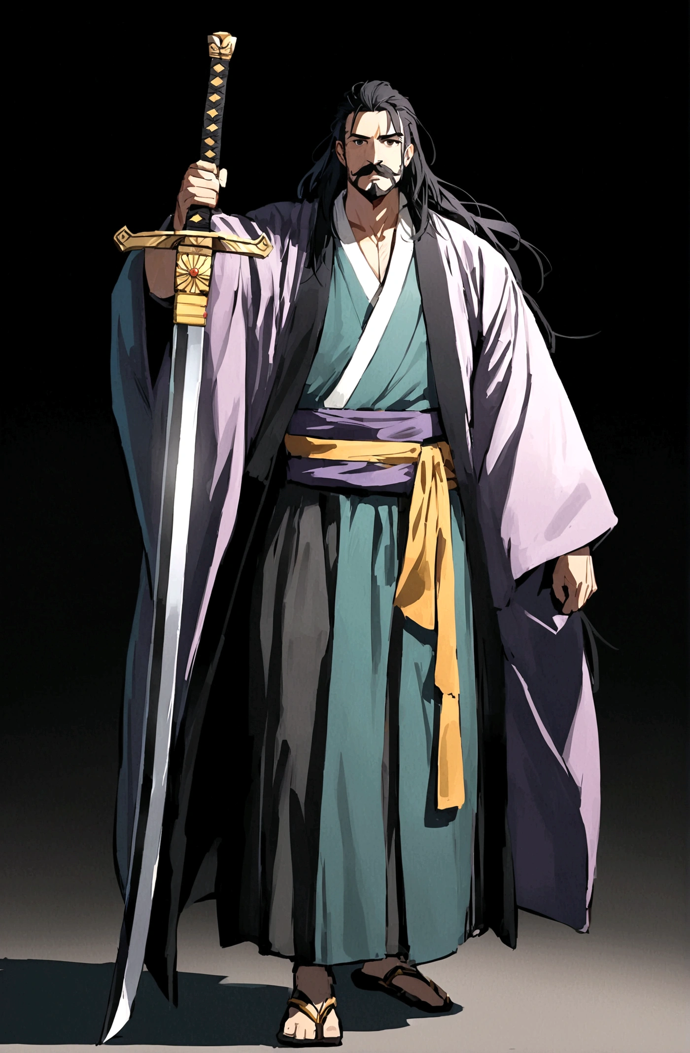 solo, looking at viewer, simple background, black hair, long hair,1boy, holding, standing, full body, weapon, male focus, hanfu, sword, holding weapon, black eyes, sash, facial hair, holding sword, black background, beard, mustache