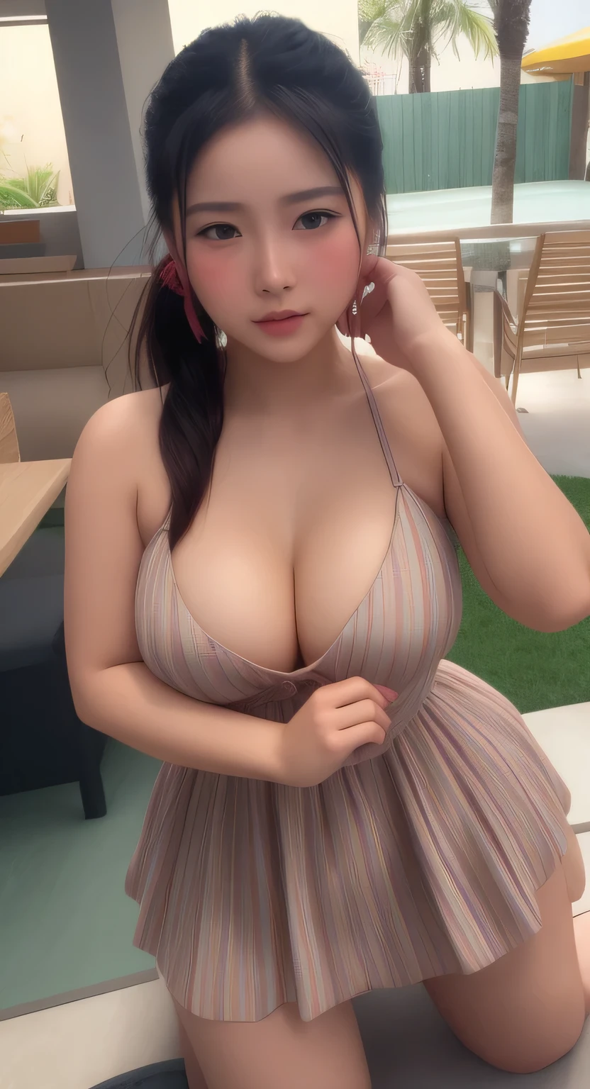 Filipina woman, Intimate, moaning face blush, red blushy cheeks, ponytail, feeling horny, beautiful thighs, in love, Having an orgasm, wearing summer mini dress