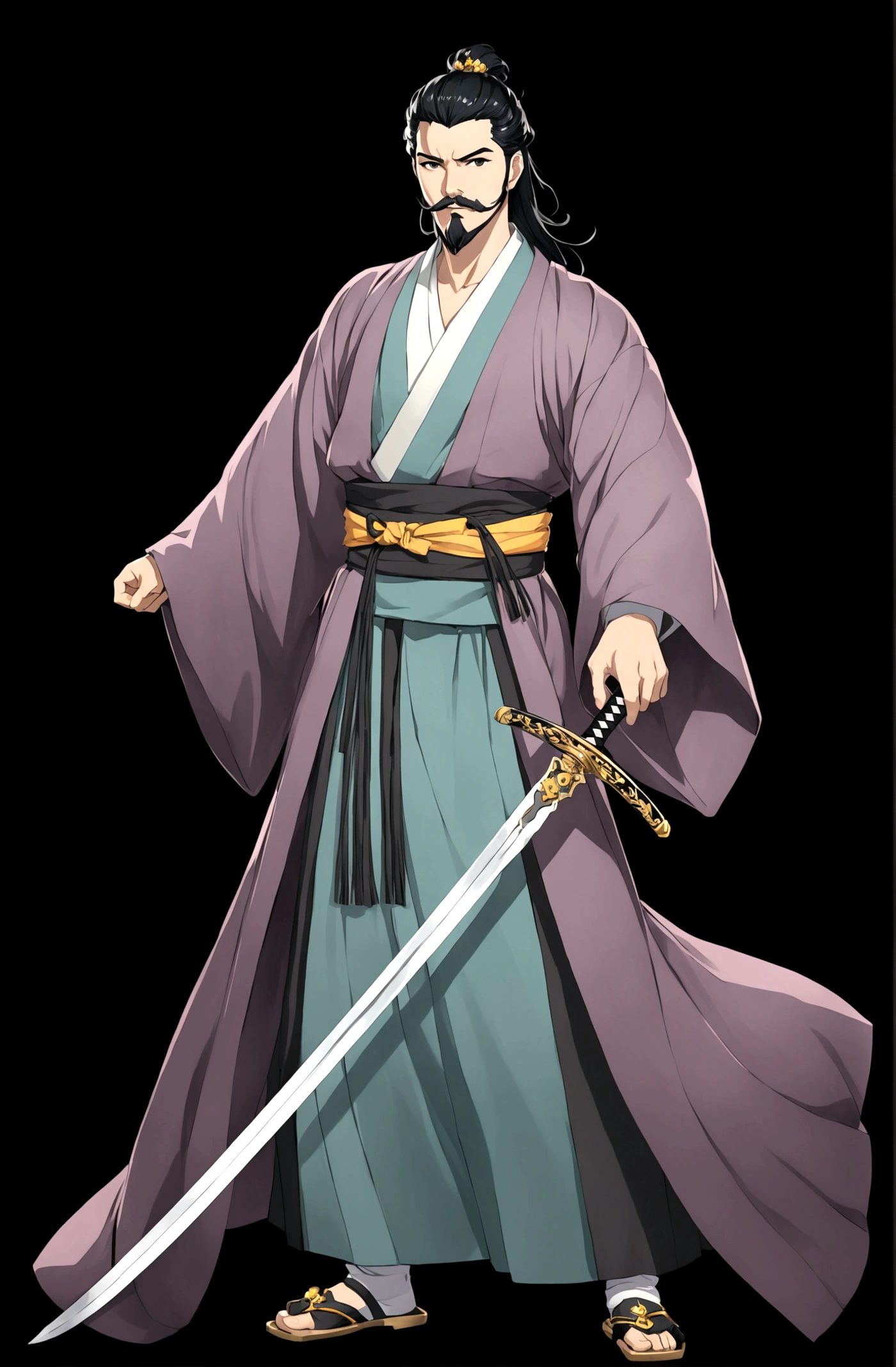 solo, looking at viewer, simple background, black hair, long hair,1boy, holding, standing, full body, weapon, male focus, hanfu, sword, holding weapon, black eyes, sash, facial hair, holding sword, black background, beard, mustache