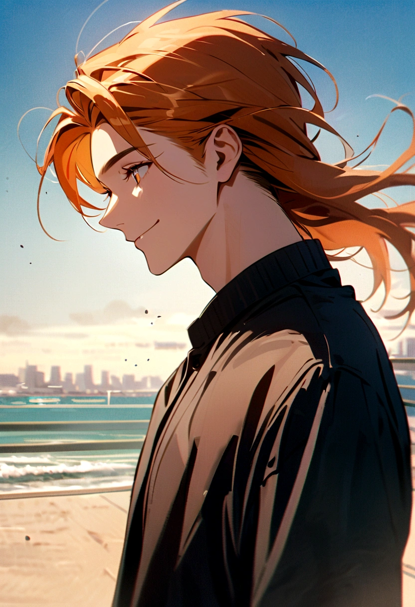 A handsome you man with orange hair,and golden eyes,has long eyelashes, gazing down lovingly with a smile,wearing modern clothes,the wind hitting his hair and clothes,full body,side view,3/4 view