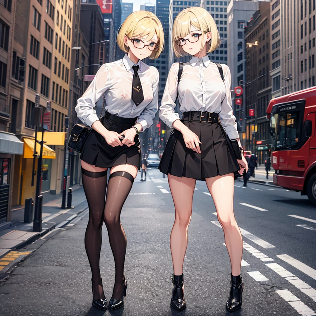 high quality，Short Bob，Glasses，Blonde，shirt，Black Mini Skirt，Heel，black tights，Small breasts，Nipples erect in the city