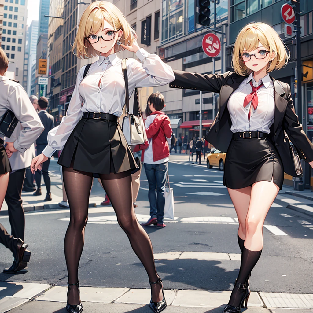 high quality,Short Bob,Glasses,Blonde,shirt,Black Mini Skirt,Heel,black tights,Small breasts,Nipples erect in the city