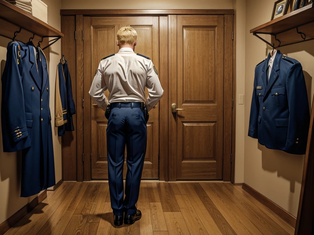 A handsome blond guy, ************, looks at the ceremonial officer's uniform of a "Navy Seal" with awards, which hangs on a suit hanger standing on the floor, and engages in masturbation. Watching him from behind is a naked, blond, muscular Navy SEAL officer, 35 years old, handsome and arrogant. The officer has a big dick, an erection, and a boner.