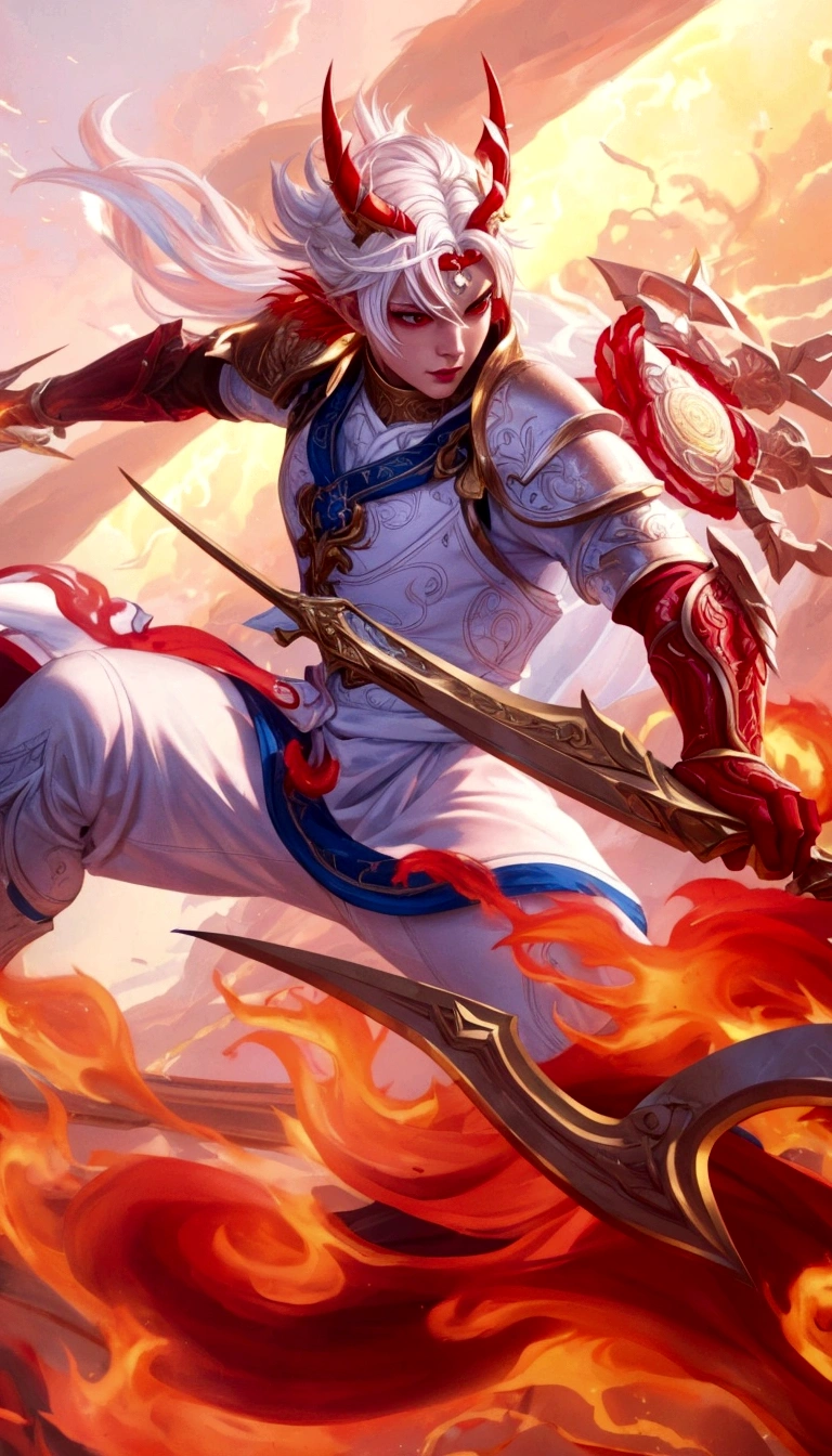 Enhance the clarity and sharpness of this character illustration. The character has white hair with red horns and is dressed in a detailed white and blue outfit with red and gold armor. The character wields a large, ornate weapon surrounded by vibrant flames. Improve the overall sharpness, making the colors more vivid and the textures more detailed, while preserving the dynamic and vibrant atmosphere of the scene