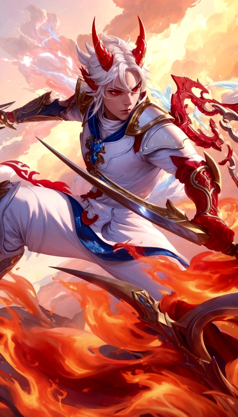 Enhance the clarity and sharpness of this character illustration. The character has white hair with red horns and is dressed in a detailed white and blue outfit with red and gold armor. The character wields a large, ornate weapon surrounded by vibrant flames. Improve the overall sharpness, making the colors more vivid and the textures more detailed, while preserving the dynamic and vibrant atmosphere of the scene