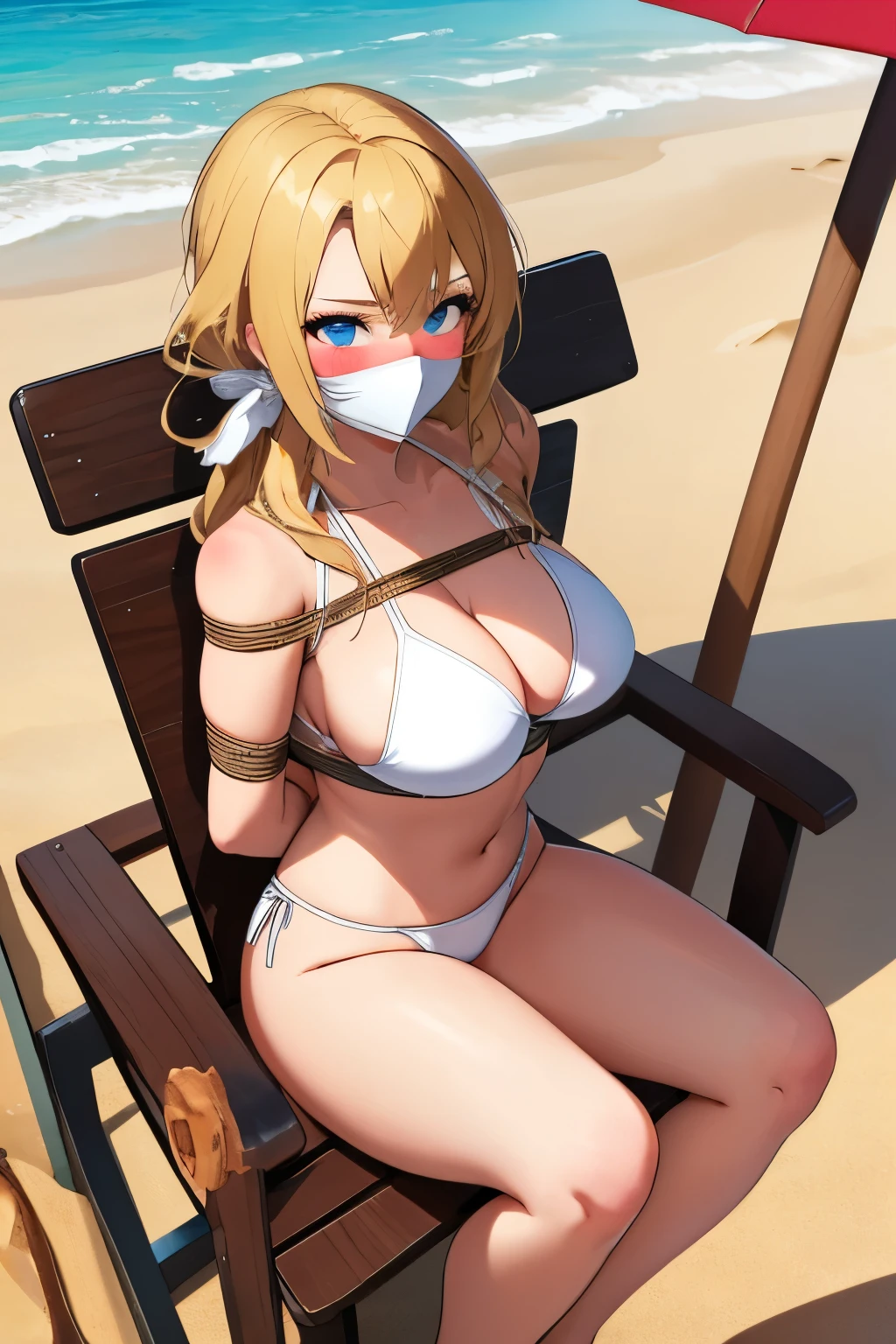 1 girl, detailed blue eyes, lange wimpern, detailed beautiful face, 4k quality, a Bit curly hair, (Long blonde hair:1.4), (arms behind back:1.6), gefesselte Arme, Red rope, (blushing:1.3), (Big breasts:1.6), (white Bikini, höschen mit seiten schnürung, 18 jears old:1.6), OTN, Gag, gagged, shibari, bondage, nah aufnahmen, Front view, on a beach, looking at the viewer, sitting in a beach chair