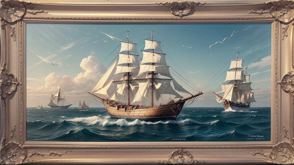 Create an image that depicts two Portuguese caravels sailing at sea. The caravels must be represented in detail, with white sails inflated by the wind, tall masts and Portuguese flags. The setting should be a calm sea at dusk, with a sky dramatically colored in shades of orange and pink. Around the scene, add ornate frames inspired by traditional Portuguese tiles, using blue and white patterns. Frames should be detailed and elegant, giving the image a classic and historical touch.