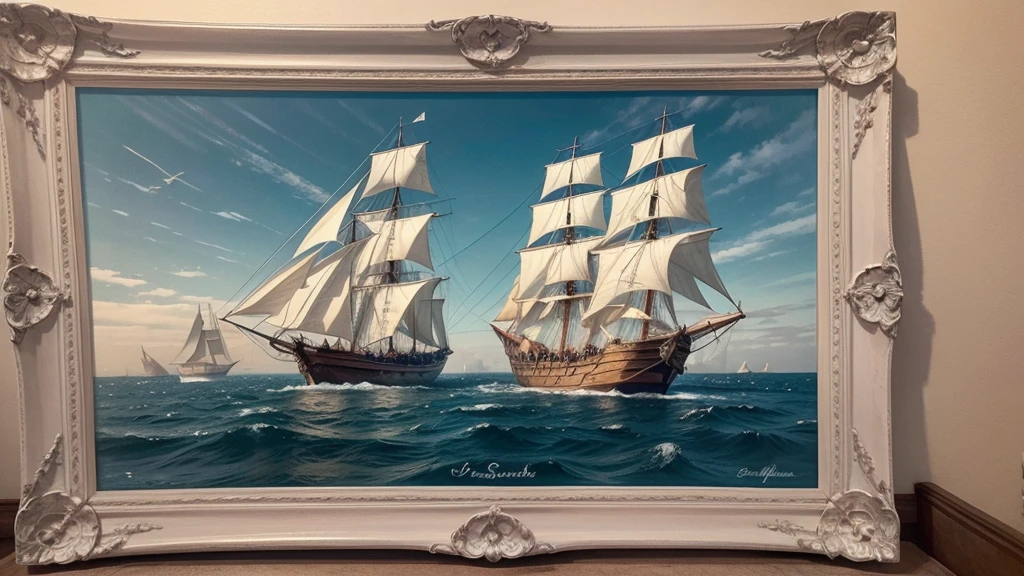 Create an image that depicts two Portuguese caravels sailing at sea. The caravels must be represented in detail, with white sails inflated by the wind, tall masts and Portuguese flags. The setting should be a calm sea at dusk, with a sky dramatically colored in shades of orange and pink. Around the scene, add ornate frames inspired by traditional Portuguese tiles, using blue and white patterns. Frames should be detailed and elegant, giving the image a classic and historical touch.