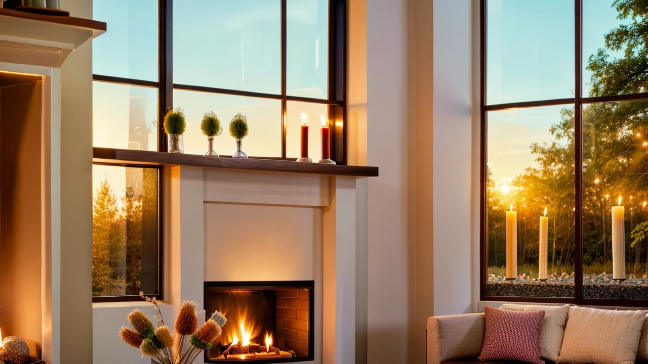 Describe a room in a pleasant house, prepared for a romantic dinner by the warm glow of candles and the fireplace, with a large television and expansive windows offering a view of the serene outdoors. The interior of the house is meticulously crafted from carefully selected and blended wood, striking a balance between modernism and sophistication. The room is not cluttered with excessive furniture, creating an intimate atmosphere by the fireplace. The scene is set for a cozy evening, with the ambiance perfect for a romantic occasion, capturing the imagination and stirring the soul, 4k