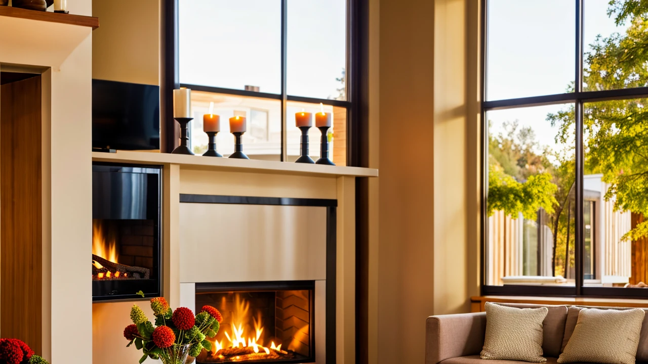 Describe a room in a pleasant house, prepared for a romantic dinner by the warm glow of candles and the fireplace, with a large television and expansive windows offering a view of the serene outdoors. The interior of the house is meticulously crafted from carefully selected and blended wood, striking a balance between modernism and sophistication. The room is not cluttered with excessive furniture, creating an intimate atmosphere by the fireplace. The scene is set for a cozy evening, with the ambiance perfect for a romantic occasion, capturing the imagination and stirring the soul, 4k