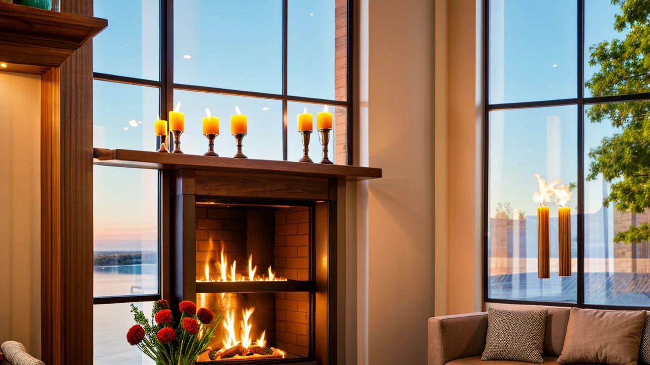 Describe a room in a pleasant house, prepared for a romantic dinner by the warm glow of candles and the fireplace, with a large television and expansive windows offering a view of the serene outdoors. The interior of the house is meticulously crafted from carefully selected and blended wood, striking a balance between modernism and sophistication. The room is not cluttered with excessive furniture, creating an intimate atmosphere by the fireplace. The scene is set for a cozy evening, with the ambiance perfect for a romantic occasion, capturing the imagination and stirring the soul, 4k
