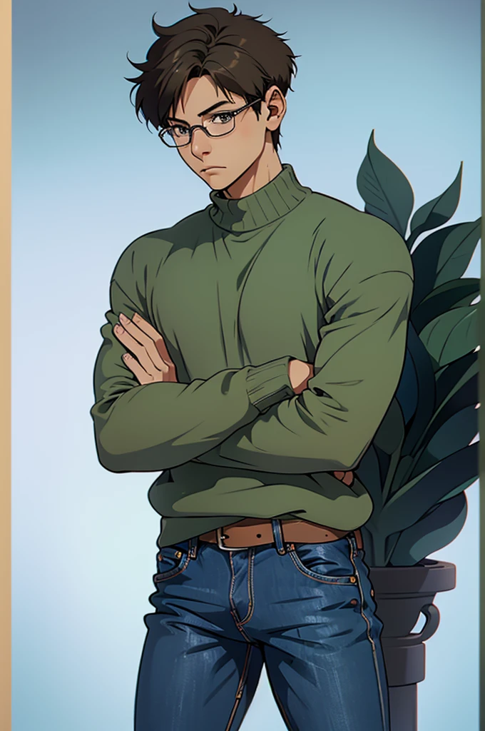 (best quality) (detail), 1 guy, thin, soft guy, sweater, glasses, jeans, short hair, photography, pose.