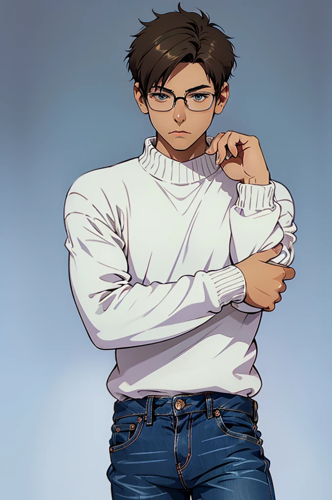 (best quality) (detail), 1 guy, thin, soft guy, sweater, glasses, jeans, short hair, photography, pose.