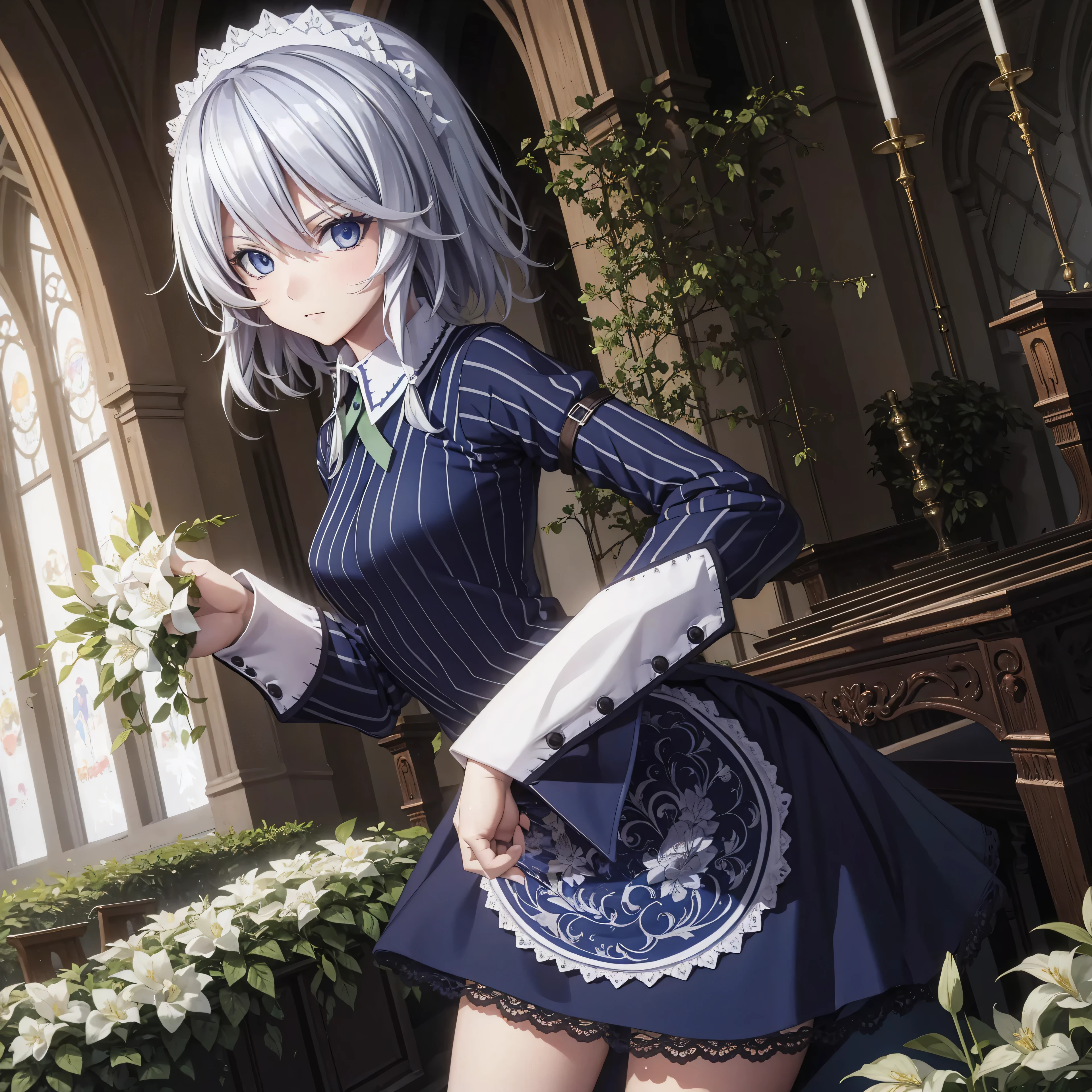 standing in a charming church setting. The scene radiates a blend of magical charm and the solemnity of a wedding ceremony, capturing a unique moment for this explosive mage, 1girl, solo, Sakuya izayoi, silver hair, maid dress, white apron, very short skirt, sexy pose,, sleeveless outfit, detailed face, detailed eyes, fresh blue eyes, big green ribbons, blue outfit, small-to-medium breasts, white hair, bowtie girl, white maid headband,