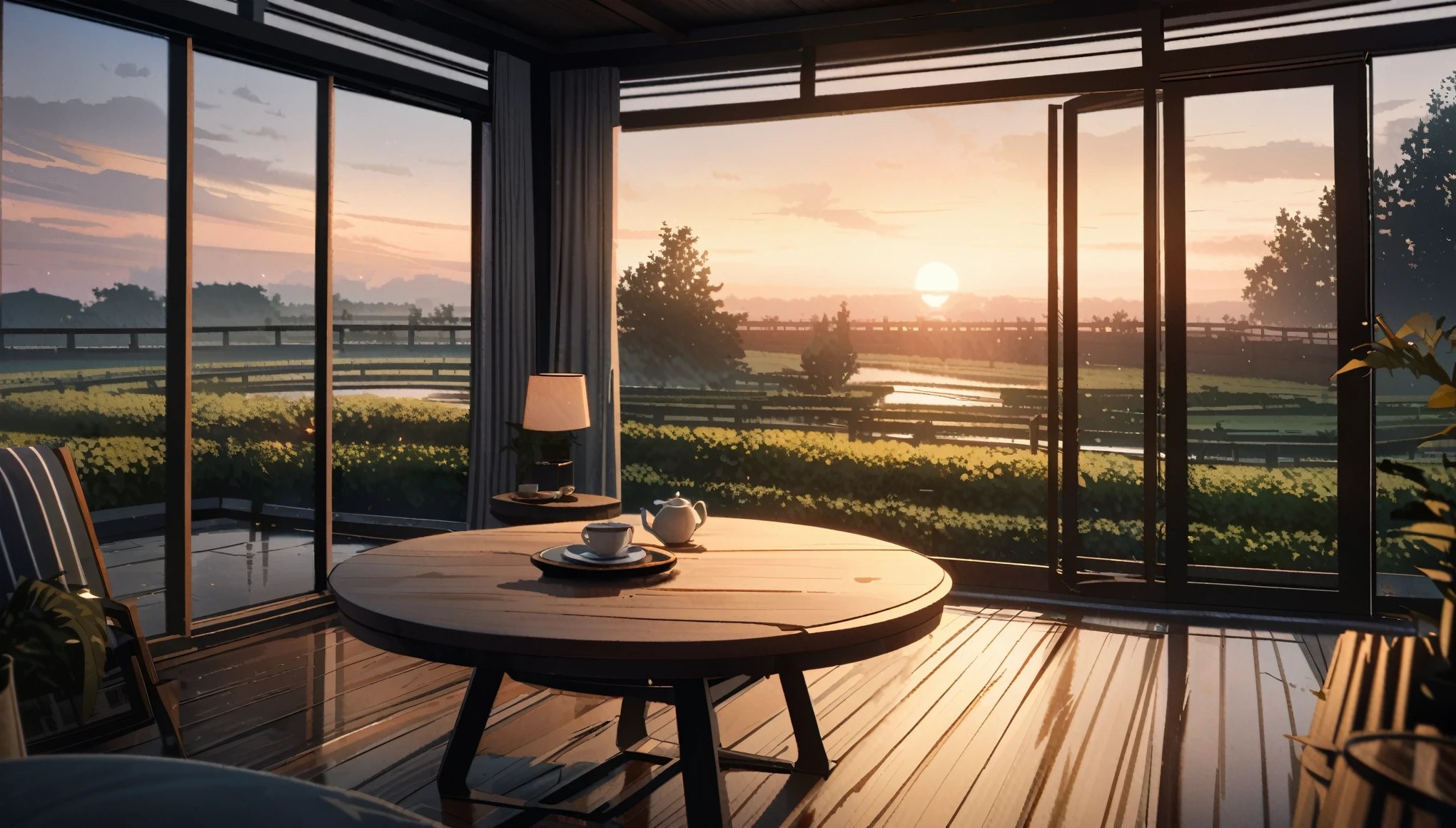 anime aestetics, dusk inside of a summer house, a round table, two cups of tea on the table, dim light, calm atmosphere, sad atmosphere, beautiful architecture, a beautifl apple garden on the background, perspective, atmospheric perspective, wide shot, highres, 8k, award winning, best quality, highres, super detail, masterpiece, UHD
