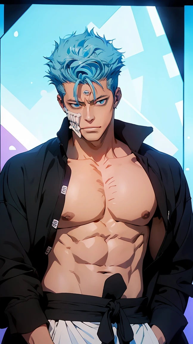highest quality, 8K, high resolution image, anime style Jujutsu Kaisen, (Grimmjow Jaegerjaquez | Bleach), swordmaster, detailed strokes, bored look , blurred, purple light reflecting from it, 1 man, young, male, model, hand in pocket, cool guy, multicolored Background with various geometric shapes, around stickers, muscular, blue hair, blue eyes, blue hair, hair between eyes, highlighted hair ,swollen chest, black Jacket, sweatpants, Background: big City, he's in a sports station, there are sports fans everywhere,