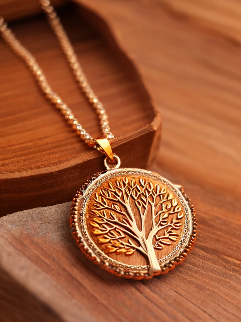 a necklace of brown beads with metallic medal carved with a tree, on a table