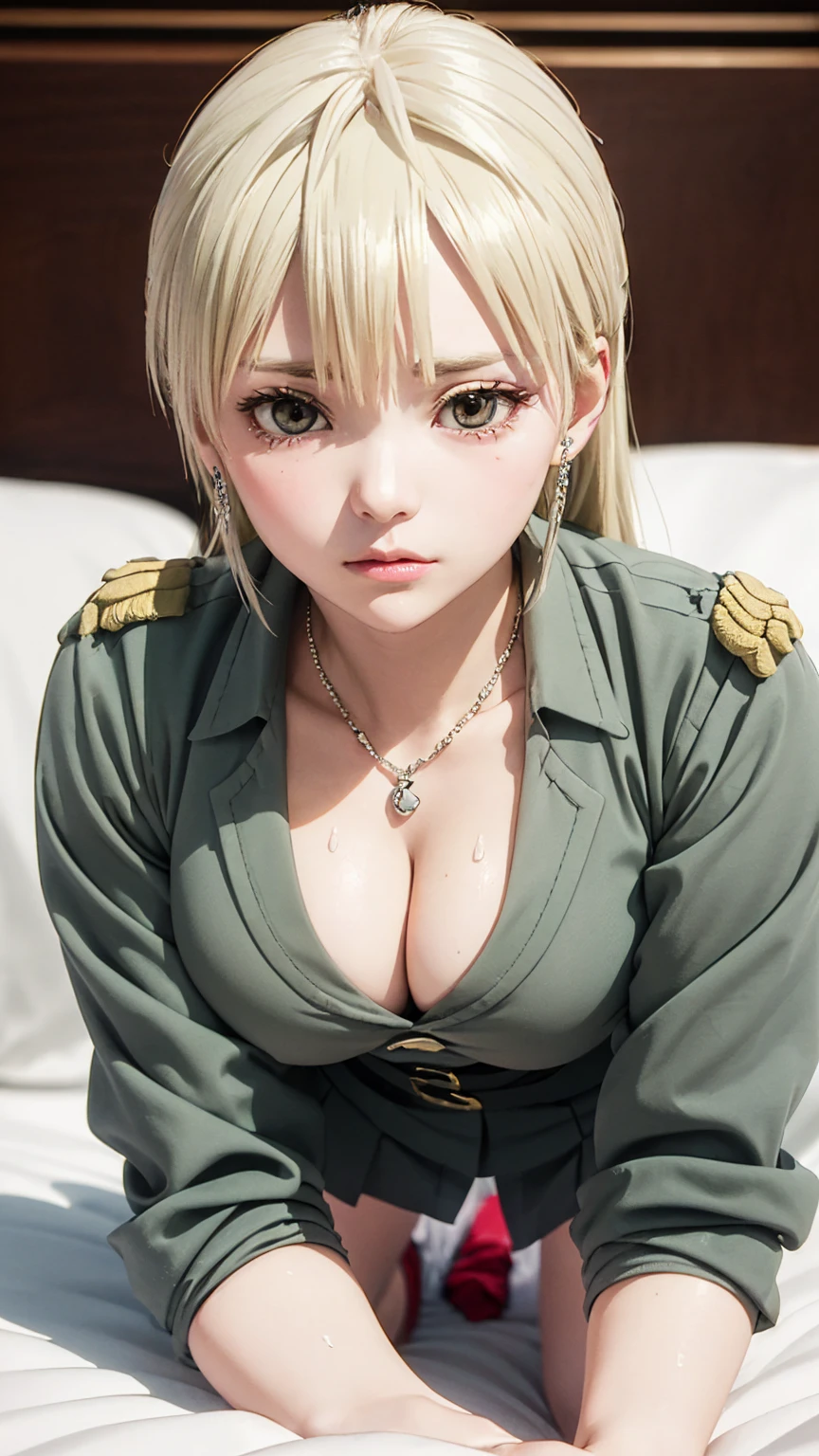 (masterpiece: 1.3), (Maximum resolution: 1.2), (Ultra HD TV: 1.2), Cinematic Light, 8K resolution, Detailed facial features , (Sharp focus: 1.2）,Perfect Style, Beautiful Face, Acura, Anatomically correct, Highly detailed face and skin quality感, Beautiful Eyes,ThroughｋBright Eyes,  Natural Cheeks, Glowing Skin,  (Glossy Lips: 1.4),、 (A shameful expression: 1.2),Highly detailed face and skin quality, Natural Cheeks, , Glossy Lips,Exposed cleavage、（White mucus on ?????:1.6）（White mucus on thighs:1.6）、 blush、Humiliating、Exposed shorts、Wet ?????????、shame、Please open your knees、dissatisfaction、anger、tears、sorrow、Glaring at the camera、Spread your legs、、Sparkly little earrings and necklace、Disheveled clothes、stockings、Drenched in sweat、stockings 、Long Hair、32 years old, Clean woman,1 person、 first class cabin、On the bed(On my back, Lying down in bed, Lying down in bedいる, Lying down, White sheets:1.3)、blonde、Blonde、Blue-gray eyes、Green-gray eyes,(Miniskirt military uniform:1.4)、scarf、dissatisfaction、??????????、Beautiful ???????????????、Soft ???????、Healthy legs