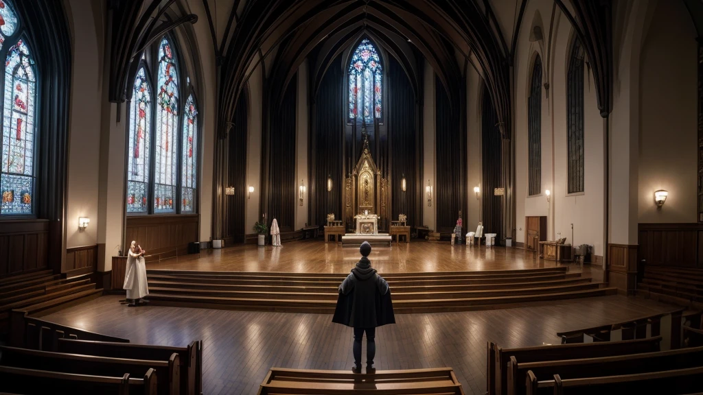 A worship service with a focus on individual worshipers sharing their personal experiences and emotions, with God depicted in the background as an afterthought. The setting emphasizes personal testimonies over communal worship of God's holiness and sovereignty. The atmosphere is introspective and self-centered.