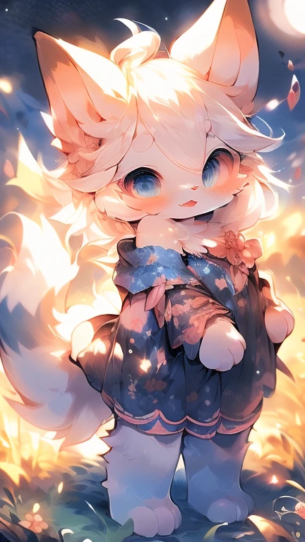 Extremely detailed, beautiful, Fair, masterpiece, best quality, Calming color palette, Peace of mind,White flull,fluffy white tail, blush,HD Wallpapers,16k resolution, Deep blue eyes,Like the eyes of the galaxy,hairy尾巴,Pink cat ears,Plush body,paw,hairy,浑身hairy,Long legs,blush,Open your mouth,Loose clothing,Off-shoulder,White hair,grassland,moonlight,fox,like,charming,cute,White Silk