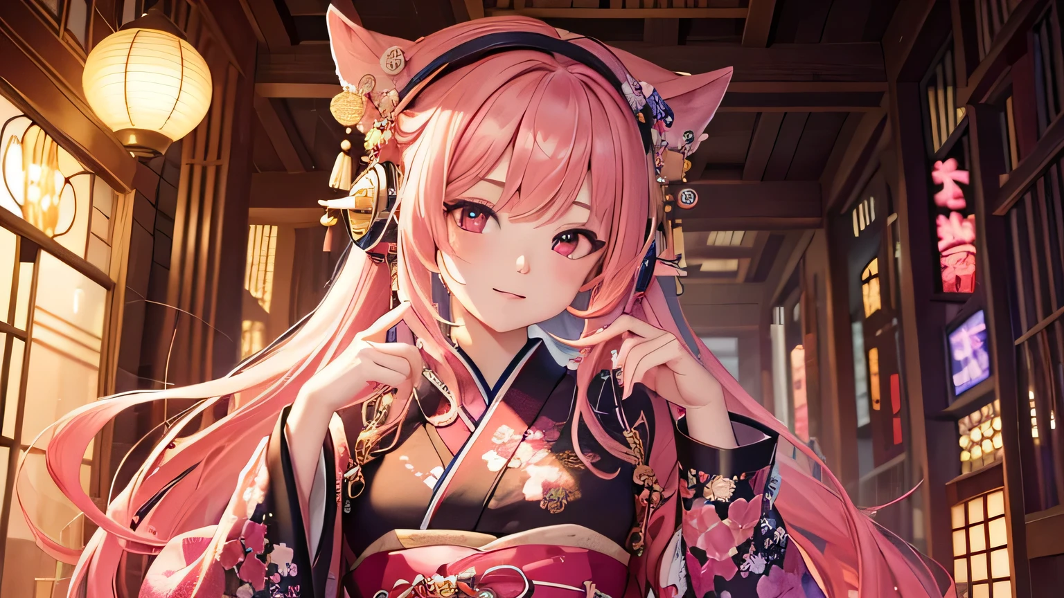 masterpiece, Highest quality, Highest quality, Official Art, beautifully、aesthetic:1.2), (One girl), Very detailed,(Fractal Art:1.3),colorful,Most detailed pink hair、I have headphones on。Yoshiwara Red Light District、No exposure、Beautiful patterned kimono