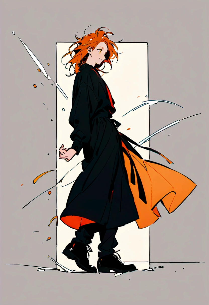 A handsome you man with messy orange hair,and golden eyes,has long eyelashes, gazing down lovingly with a smile,wearing modern clothes,the wind hitting his hair and clothes,full body,side view,3/4 view