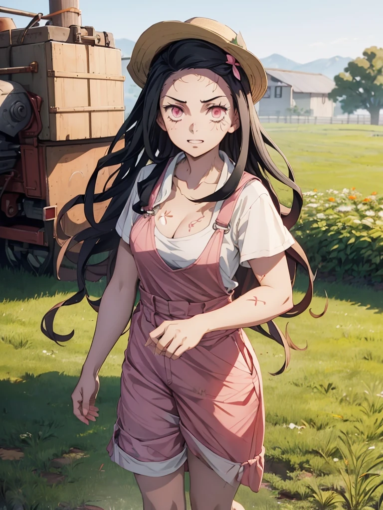 Nezuko, 1girl, as a farm girl, wearing a farm outfit with overalls and hat, at a farm, 8k, high detailed, high quality
