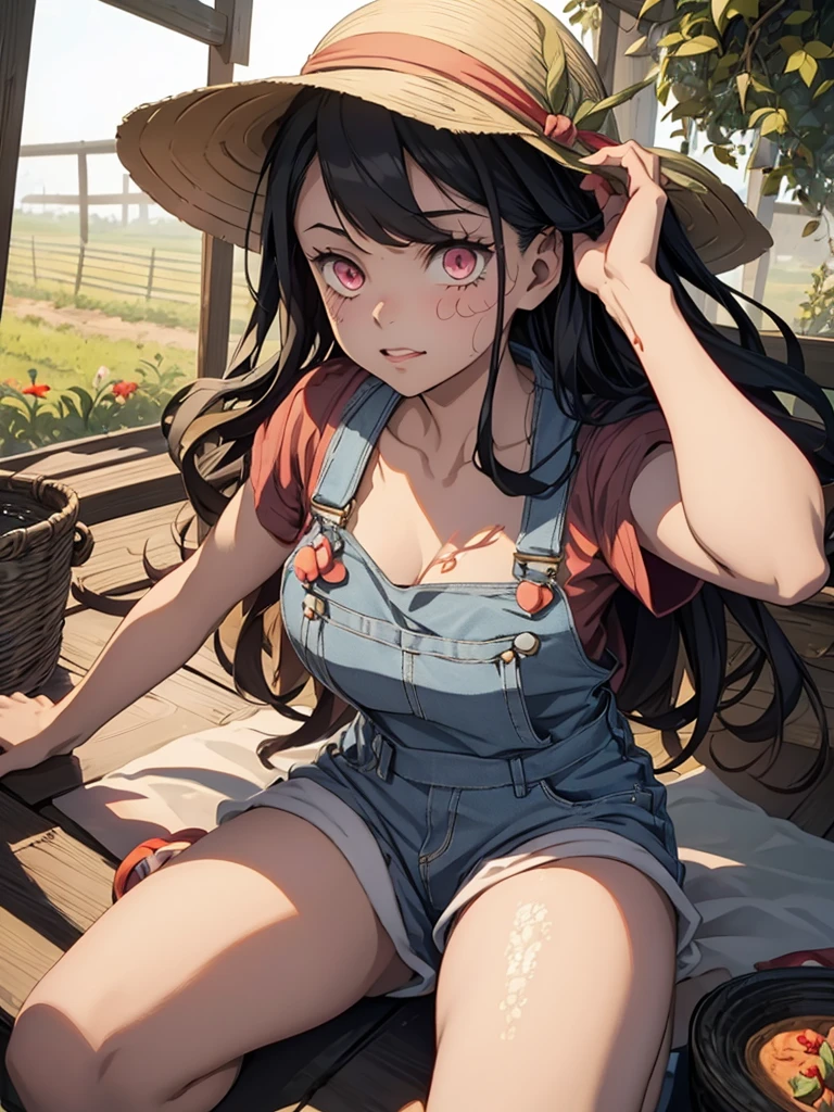 Nezuko, 1girl, as a farm girl, wearing a farm outfit with overalls and hat, at a farm, 8k, high detailed, high quality
