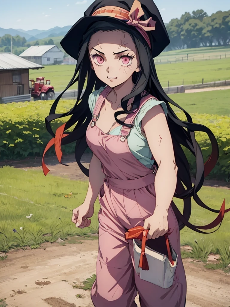 Nezuko, 1girl, as a farm girl, wearing a farm outfit with overalls and hat, at a farm, 8k, high detailed, high quality
