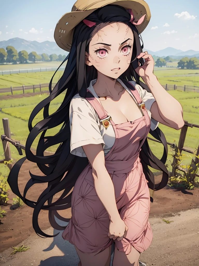 Nezuko, 1girl, as a farm girl, wearing a farm outfit with overalls and hat, at a farm, 8k, high detailed, high quality
