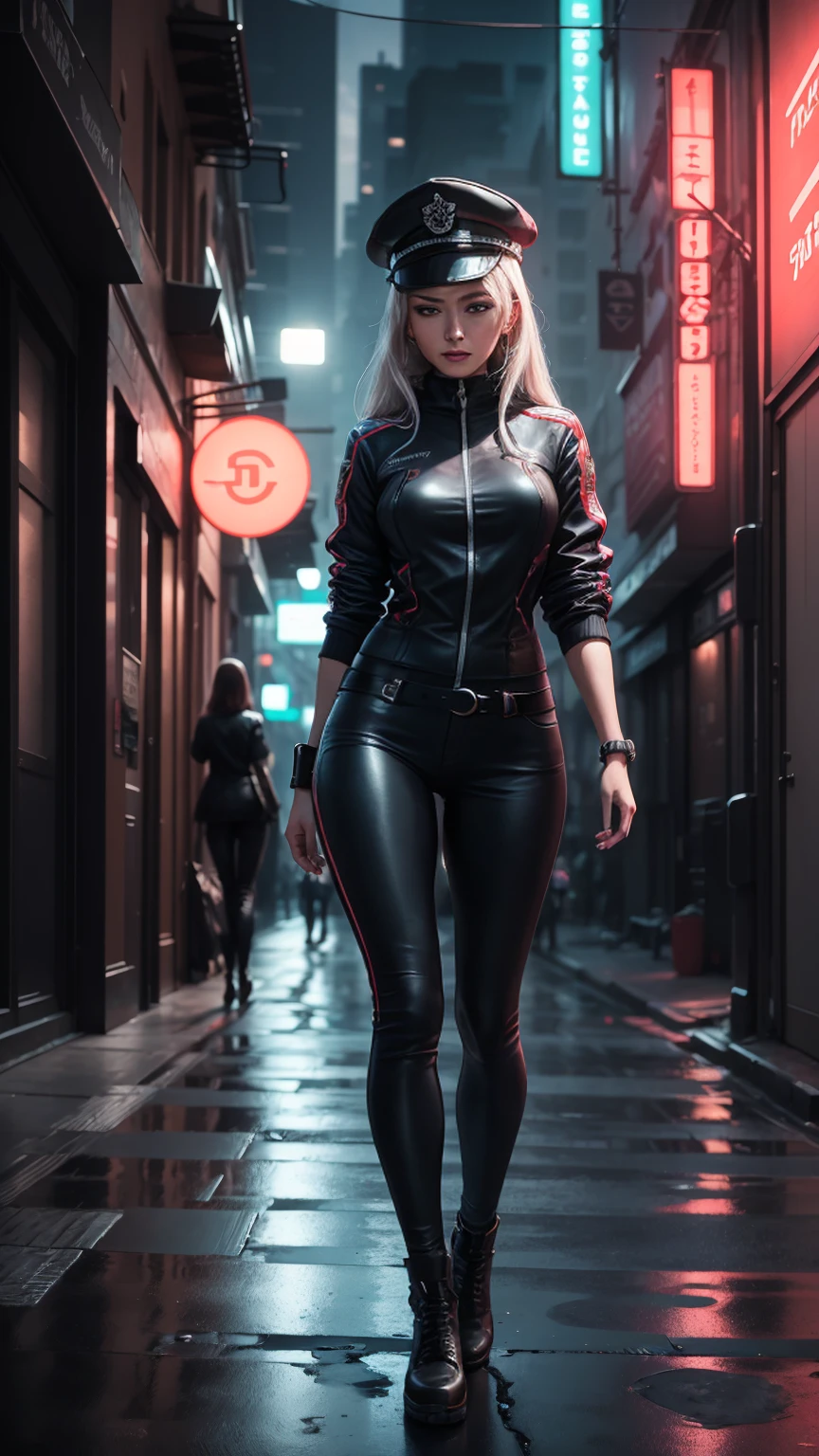 plano general, whole body, ((1 beautiful young woman, elegant, sensual:1.6)), (high resolution:1.2),ultra detailed, realist, sharp focus,showy,4k,8k, HD. Masterpiece, hiper realist, hyper detailed,With red hat, red camouflage, red sweatshirt, blue leggings, broad, by white:1.5, modern haircut:1.4, nasolabial , standing, half, (reality: 1.5), cyberpunk, Neon city, Neon, 3D, cgi, volumetric ray, white sclera, blue eyes,