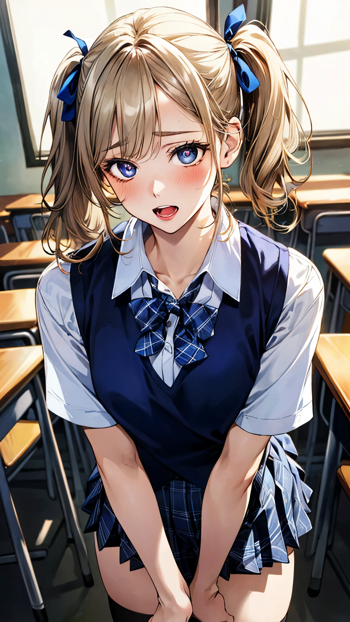 (masterpiece:1.3, top-quality, ultra high res, ultra detailed), (realistic, photorealistic:1.4), beautiful illustration, perfect lighting, natural lighting, colorful, depth of fields, surrealism,
beautiful detailed hair, beautiful detailed face, beautiful detailed eyes, beautiful clavicle, beautiful body, beautiful chest, beautiful thigh, beautiful legs, beautiful fingers, shiny skin, babyface,
looking at viewer, 1 girl, japanese, high school girl, (perfect anatomy, anatomically correct, super detailed skin), cute and symmetrical face, perfect face, perfect eyes, perfect fingers,
(middle hair, twintails, ash blonde hair), asymmetrical bangs, blue eyes, big eyes, long eyelashes, (large breasts:1.2, seductive thighs), slender, outstanding style,
((detailed cloth texture, break,break, white collared shirt, break,break, navy blue suit vest, break,break, blue plaid pleated skirt, break,break, purple blue bow tie), socks, black loafer),
(beautiful scenery), (classroom, desk), (standing, leaning forward), (table humping, crotch rub), (heart shaped pupils, :3, aroused, ahegao, orgasm, in heat, naughty face, open mouth small),