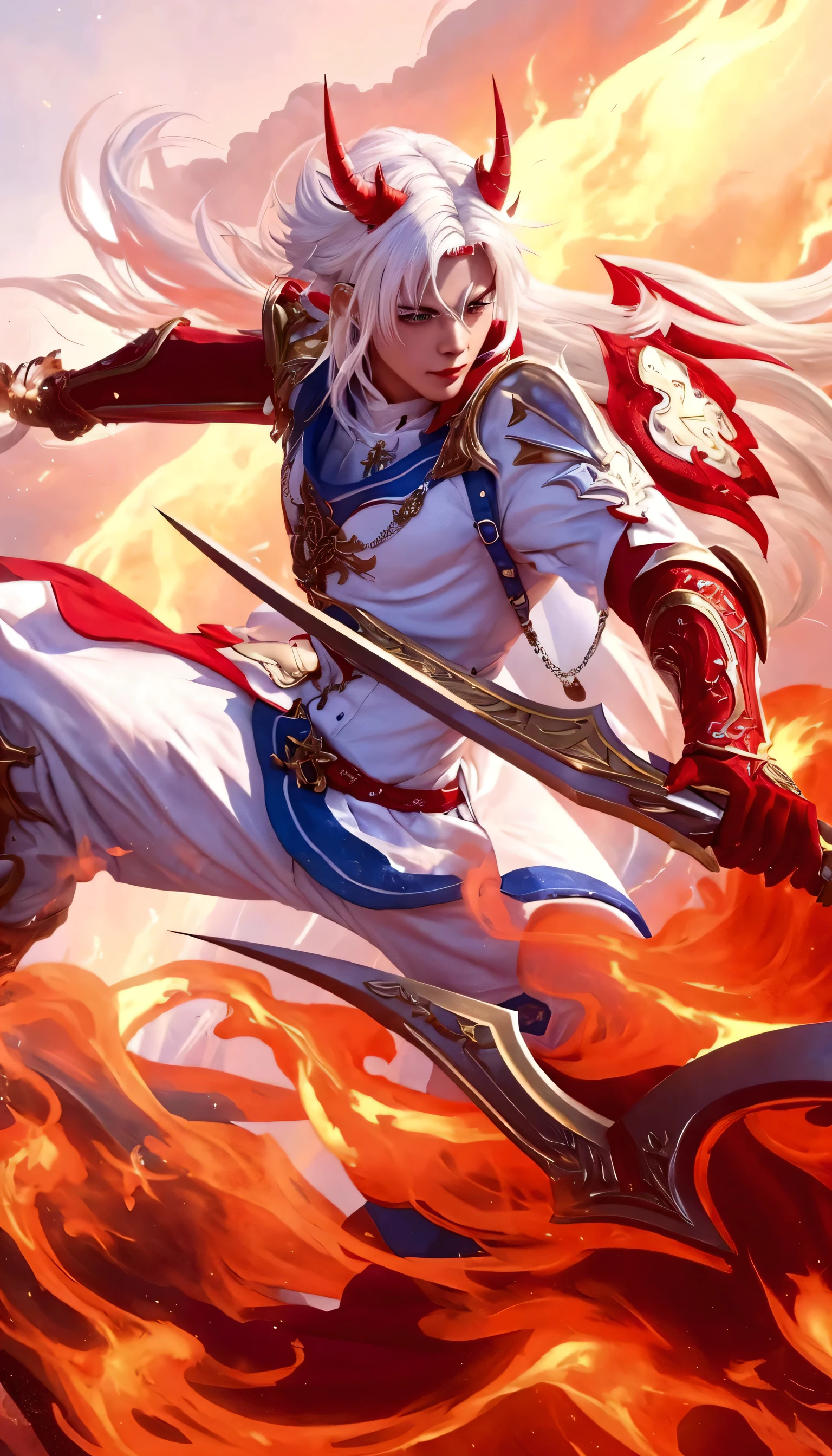 Enhance the clarity and sharpness of this character illustration. The character has white hair with red horns and is dressed in a detailed white and blue outfit with red and gold armor. The character wields a large, ornate weapon surrounded by vibrant flames. Improve the overall sharpness, making the colors more vivid and the textures more detailed, while preserving the dynamic and vibrant atmosphere of the scene