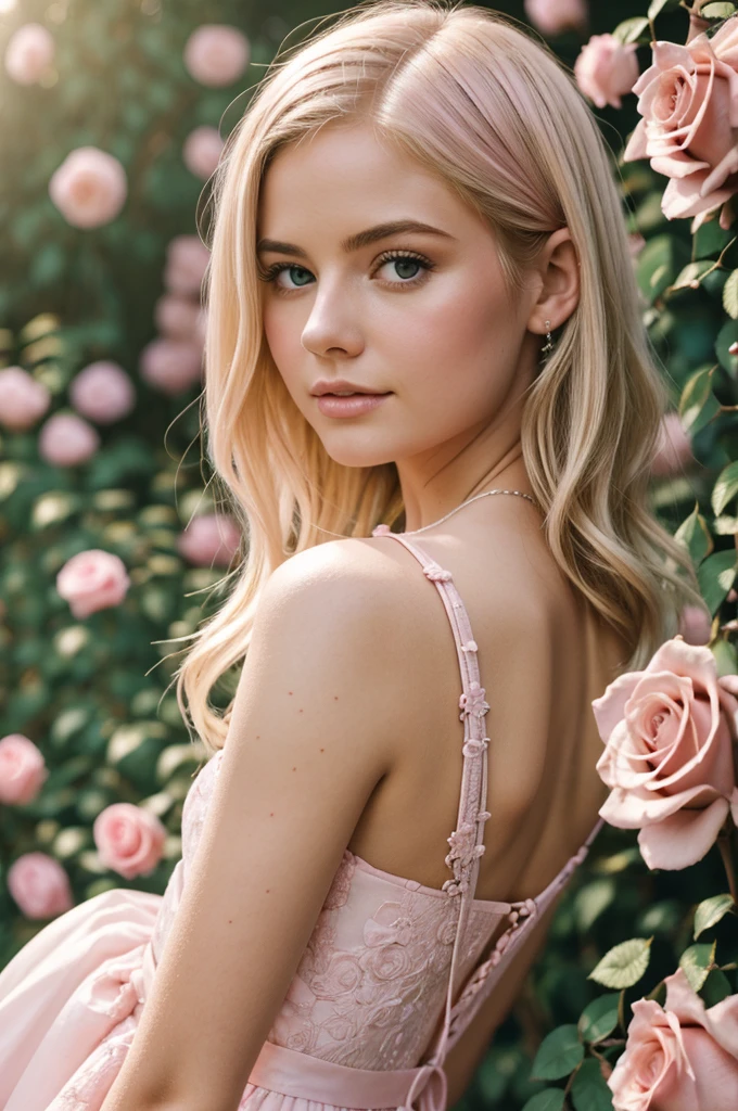 8k, RAW photo, Fujifilm, style photo of a beautiful young woman as avril in a garden of light pink roses (highly detailed skin: 1.2) Style-Petal BREAK short hair, blonde hair with colored locks, wearing a dress, film granulation, 35mm, cute style
