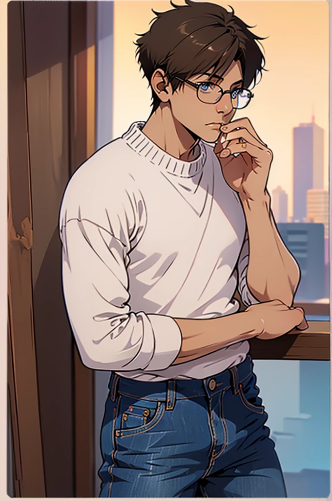 (best quality) (detail), 1 guy, thin, soft guy, sweater, glasses, jeans, short hair, photography.