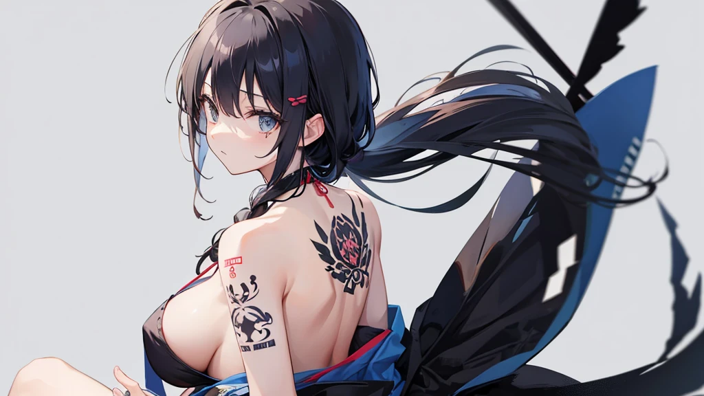 Woman sitting with her back turned,Large Japanese style tattoo on the back,Fluttering back,Take off your clothes,force,cool,Gray background