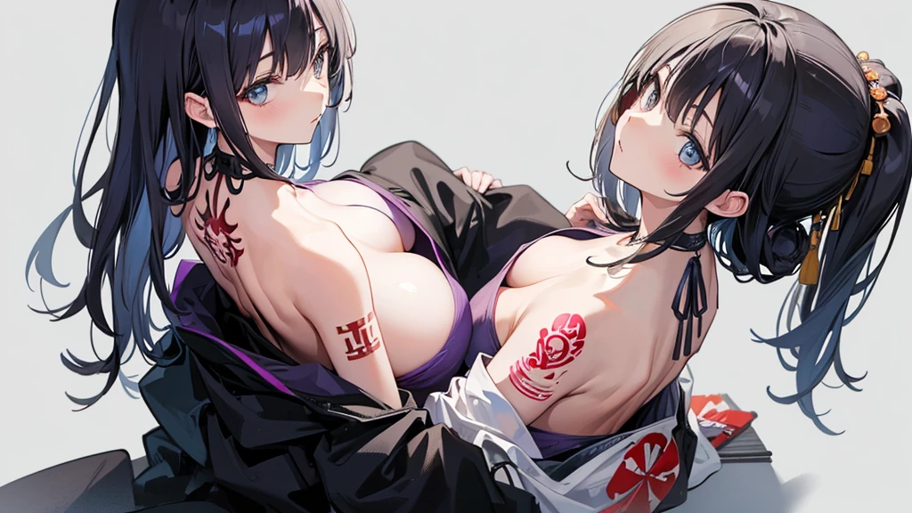 Woman sitting with her back turned,Large Japanese style tattoo on the back,Fluttering back,Take off your clothes,force,cool,Gray background