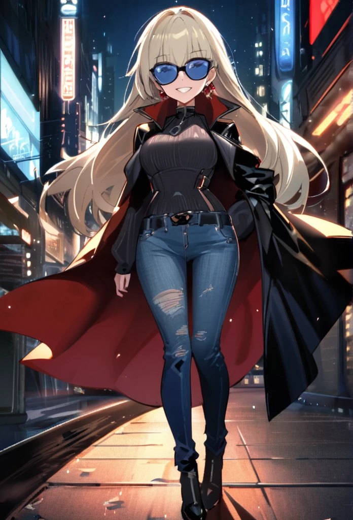Night City、One female、bionde、Long Hair、Earrings、Black jacket、Grin、Beautiful Blue Eyes、sunglasses、cape、Hot denim pants