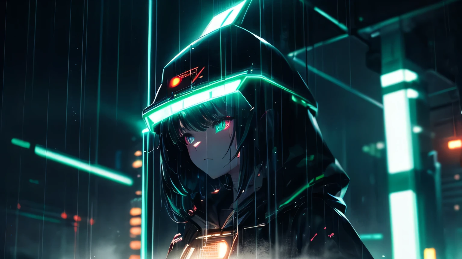 (ultra detailed:1.3),(grainy:0.8), natural green lighting, futuristic city, (rain:1.3), (Dark:1.3), (fog:1.2), Green Lights, neon lights AND japanese girl, Hooded cape, light logo, [cyberpunk clothes:torn fabric:0.35], Green Lights, neon lights, Matrix style, threatening, spicy, (pointing a weapon at the viewer:1.2),(cool colors:0.75), very detailed, bright appearance, Creative behavior, extremely detailed, creative, , spontaneous, top quality, Skin texture, complex parts, (Cinematic lighting), Raw photo, 8 k, masterpiece,Best quality,ultra detailed,very detailed illustrations,extremely detailed,complex parts,A high resolution,супер complex parts,extremely detailed 8 k cg wallpaper,