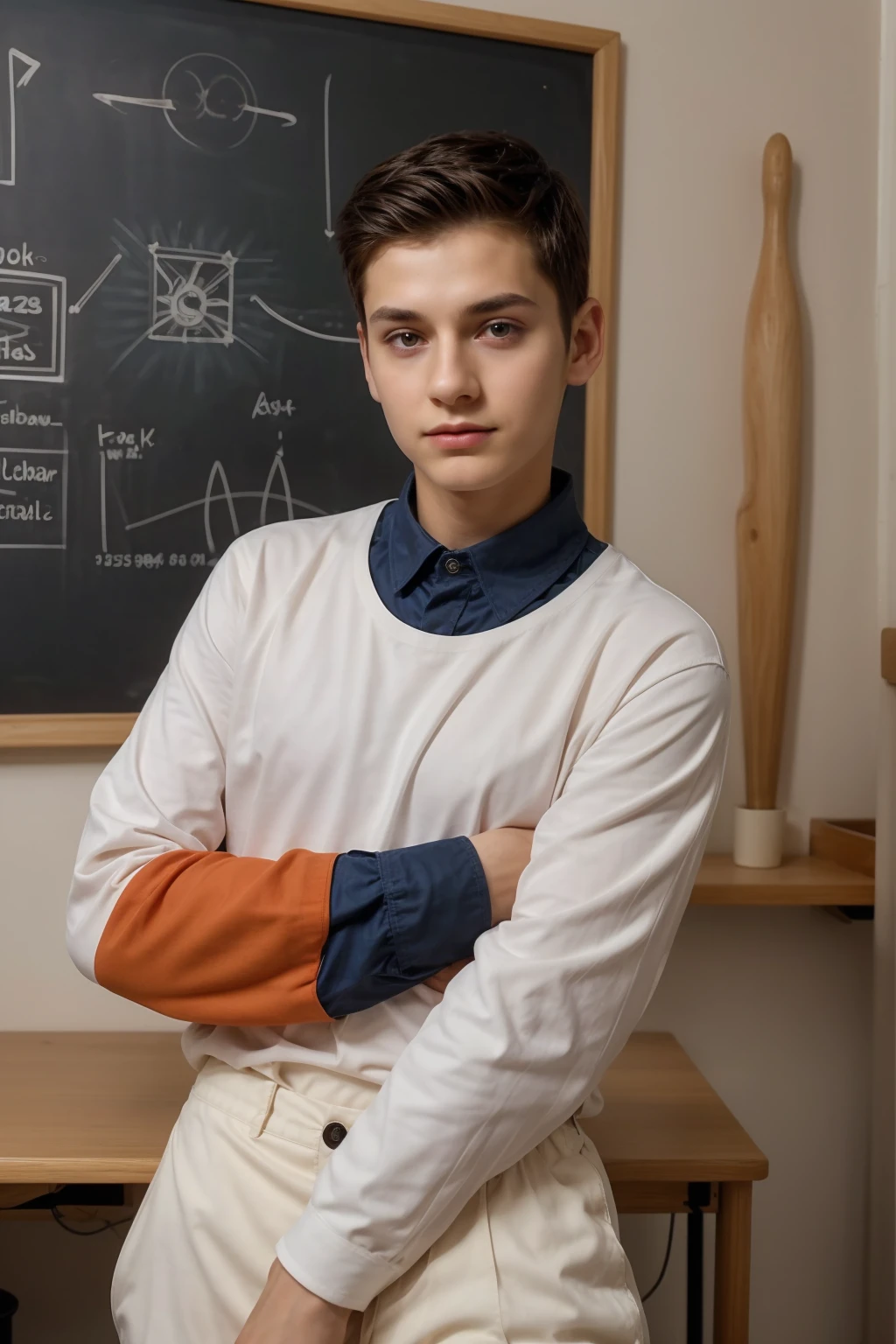 A beautiful young man, a cute male twink, with black hair and a face with reddish make-up. He wears a bright white long-sleeved shirt and aqua blue pants. He is in his office, and behind him is a blackboard on which is written the shape of the brain and its anatomy. Nuclear energy comes out of it, and he has a red face with it. Make up and look proud